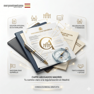 Imagen publicitaria de Capri Abogados con documentos legales de extranjería, una brújula y un bolígrafo sobre fondo blanco.
