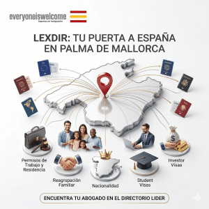 Infografía publicitaria de Lexdir sobre trámites de extranjería en Palma de Mallorca con mapa de la isla e iconos de visados.