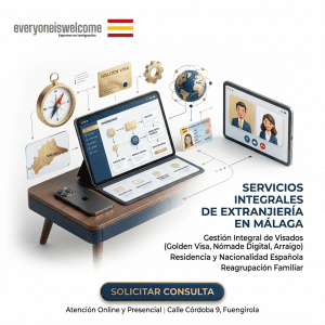 Imagen publicitaria con el logo "Everyone is welcome", dispositivos digitales mostrando trámites de extranjería, mapa de Málaga y botón de consulta.