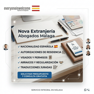 Imagen promocional de abogados de extranjería en Málaga sobre fondo blanco, con pasaporte, tablet y lista de servicios legales.