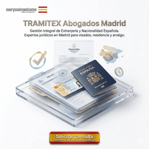 Publicidad de Tramitext Abogados en Madrid con pasaporte español, documentos de extranjería y logo de Everyone Is Welcome.
