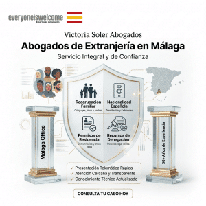 Imagen publicitaria de Victoria Soler Abogados de extranjería en Málaga con un escudo central que detalla sus servicios legales.