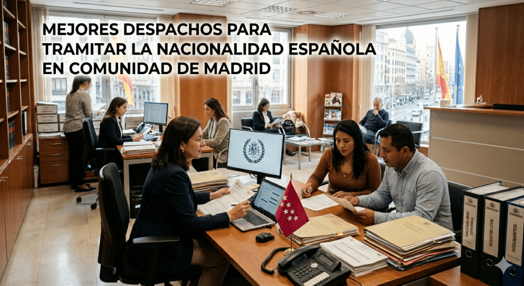 Abogada de extranjería asesorando a una pareja en un despacho moderno en Madrid con vistas a la ciudad y banderas de España.