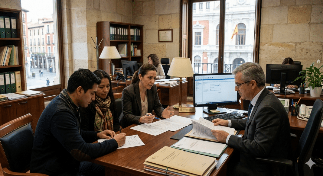 Abogados en un despacho de Castilla y León asesorando a una pareja sobre el trámite de nacionalidad española, con vistas a una plaza histórica de fondo.