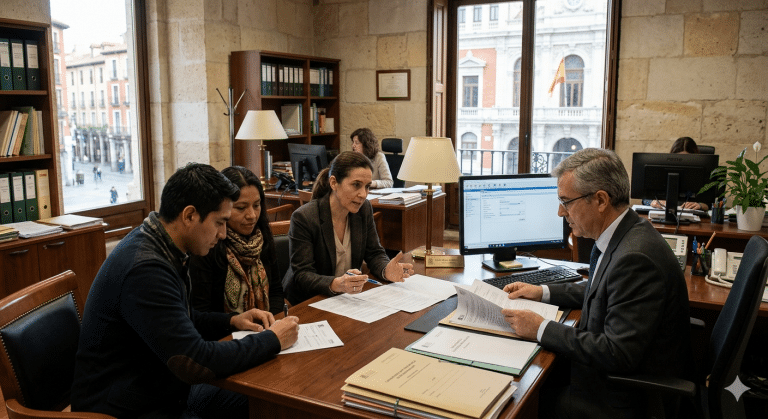 Abogados en un despacho de Castilla y León asesorando a una pareja sobre el trámite de nacionalidad española, con vistas a una plaza histórica de fondo.