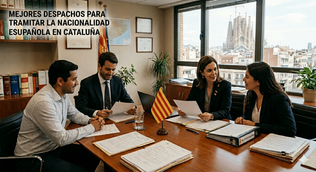 Abogados expertos en extranjería revisando documentos de nacionalidad española con un cliente en un despacho de Barcelona, con vistas a la Sagrada Familia.