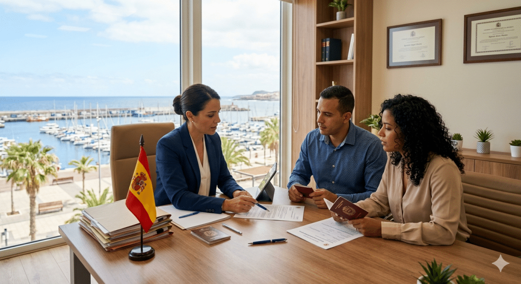 Abogada en las Islas Canarias asesorando a una pareja sobre trámites de nacionalidad española en un despacho con vistas al puerto.