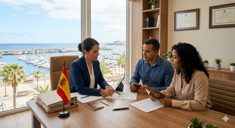 Abogada en las Islas Canarias asesorando a una pareja sobre trámites de nacionalidad española en un despacho con vistas al puerto.