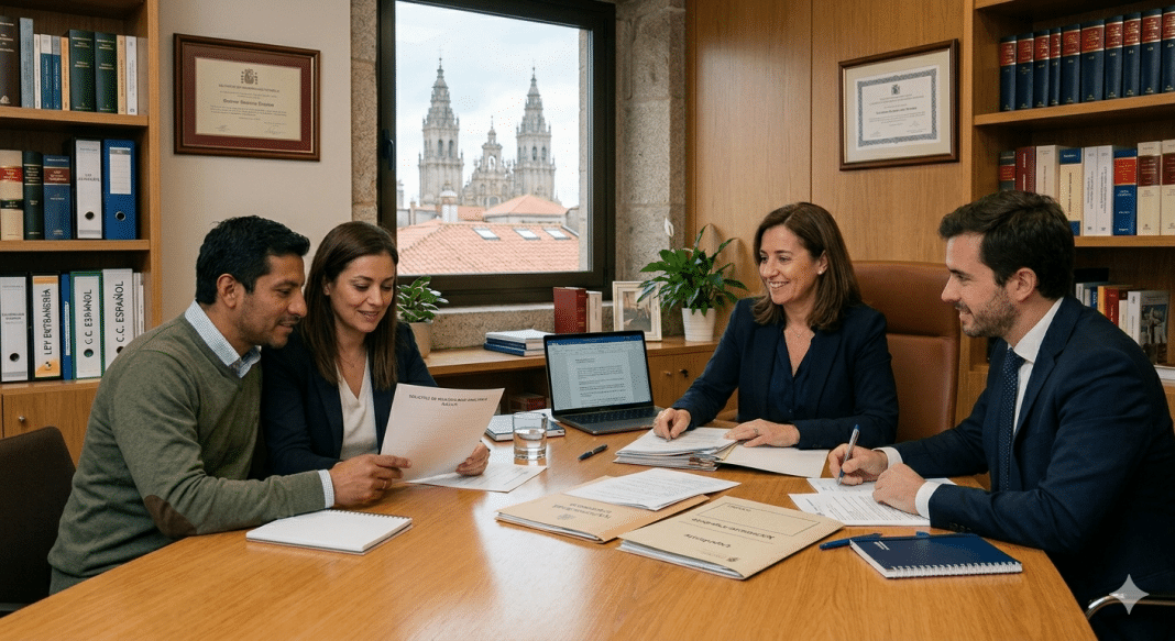 Pareja en una consulta con abogados en un despacho en Galicia, con vistas a la Catedral de Santiago de Compostela.