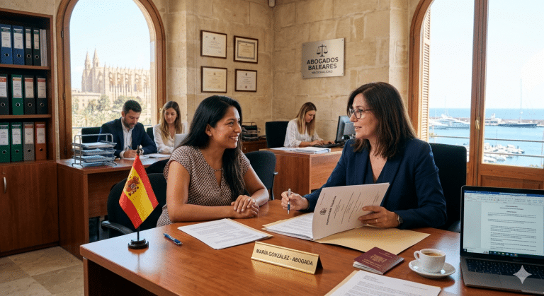 Abogada en Palma de Mallorca asesorando a una cliente sobre la nacionalidad española en un despacho profesional con vistas a la catedral y al mar.