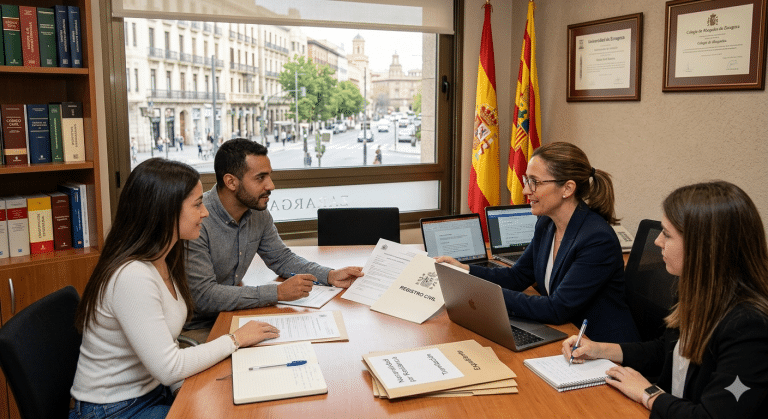Abogada experta en extranjería asesorando a una pareja sobre la nacionalidad española en un despacho profesional con vistas al centro de Zaragoza.