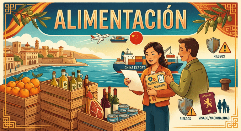 Ilustración editorial sobre la exportación de alimentos de España a China, destacando trámites legales, productos típicos y logística.