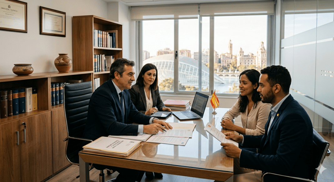 Abogados expertos asesorando a una pareja joven en un despacho profesional con vistas a la Ciudad de las Artes y las Ciencias de Valencia.