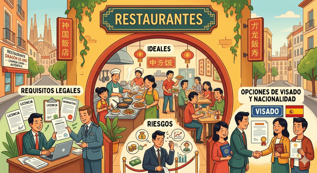 Ilustración informativa que muestra las etapas de apertura de un restaurante chino en España, con secciones dedicadas a trámites legales, gestión del negocio, riesgos financieros y obtención de visados.