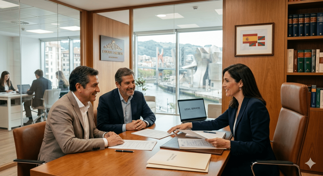 Abogada asesorando a clientes en un despacho profesional en Bilbao con vistas al Museo Guggenheim y ría Nervión.