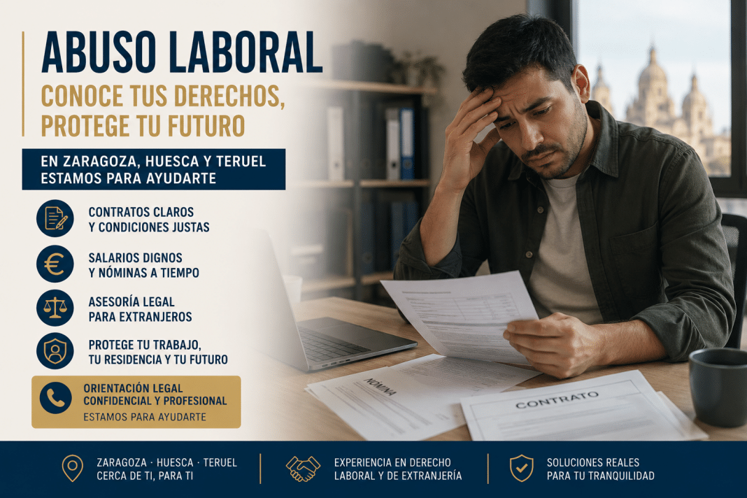 Abuso laboral no siempre empieza con una amenaza abierta. A veces aparece en una jornada que se alarga cada día, en una nómina que nunca llega, en un contrato que no explica lo que de verdad haces o en el miedo a preguntar por tu situación. En Zaragoza, Huesca y Teruel, muchas personas extranjeras trabajan en hostelería, campo, logística, limpieza, construcción, almacenes, cuidados y empleos temporales. Su esfuerzo sostiene negocios, familias y servicios esenciales. Por eso, conocer el permiso de trabajo en España y los derechos laborales de extranjeros en Aragón es una forma real de vivir con más seguridad.