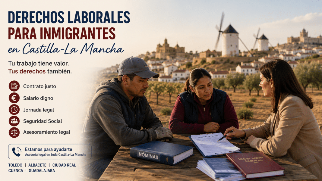 En Castilla-La Mancha, muchas personas extranjeras trabajan lejos de los grandes focos, pero sostienen sectores esenciales con esfuerzo diario. En Toledo, Albacete, Ciudad Real, Cuenca, Guadalajara, Talavera de la Reina, Puertollano, Tomelloso, Alcázar de San Juan, Hellín y otras zonas, la vida laboral suele estar ligada al campo, la vendimia, el olivar, el ajo, la ganadería, la construcción, la hostelería, el transporte, la limpieza, el cuidado de personas mayores, el servicio doméstico, los almacenes, la logística y los empleos temporales. Conocer los derechos laborales para inmigrantes en Castilla-La Mancha no es solo una cuestión de documentos. Es una forma de proteger el salario, el descanso, la residencia, la tranquilidad y el futuro de una familia.